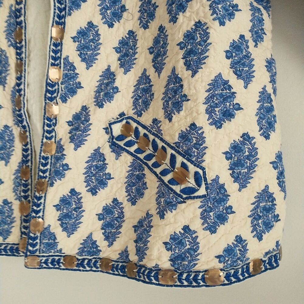 Pahiesa Open Front Jacket Womens M/L/S*Blue Floral Block Print Quilted Embellish - Picture 3 of 10